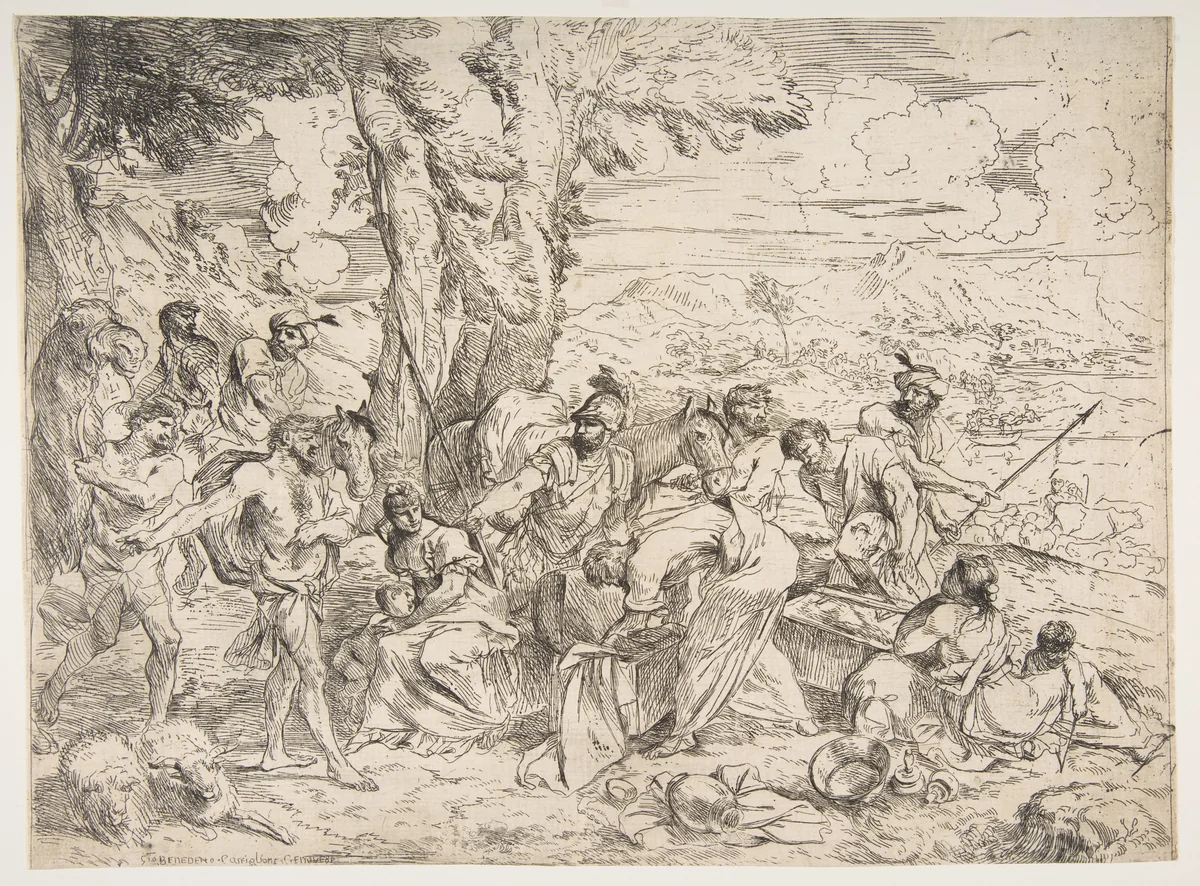 Laban searching for idols among Jacob's possessions by Giovanni Benedetto Castiglione, print, 1630-1640