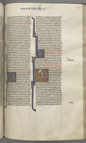 Fol. 317r, Baruch, historiated initial H, Baruch seated at a desk writing on a scroll by Unknown, book, 1270-1300
