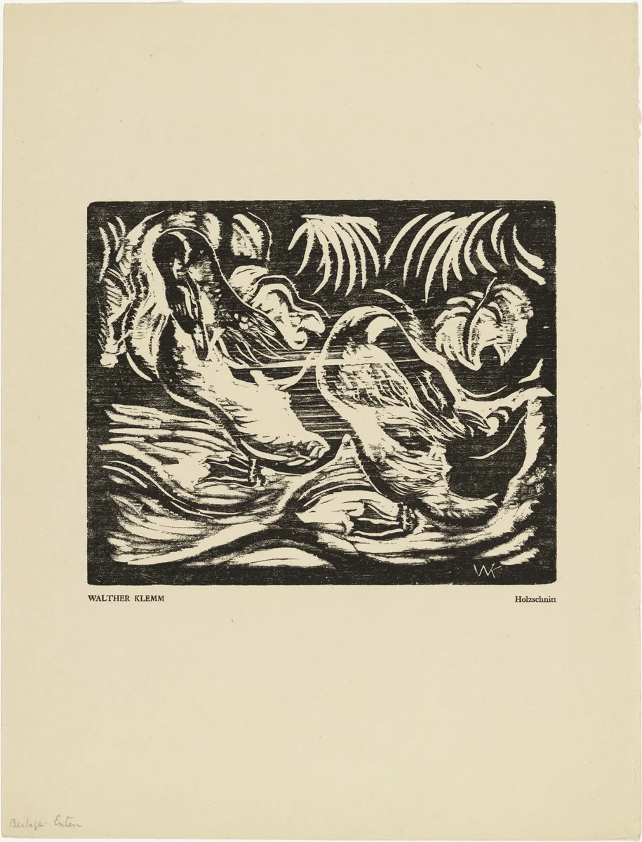 Ducks (Enten) (plate, preceding p. 129) from the periodical Das Kunstblatt, vol. 1, no. 5 (May 1917) by Walther Klemm, print, 1917