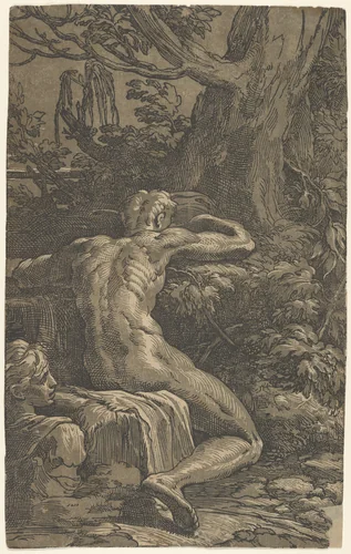 A seated man viewed from behind (Narcissus) by Antonio da Trento, print, 1522-1532
