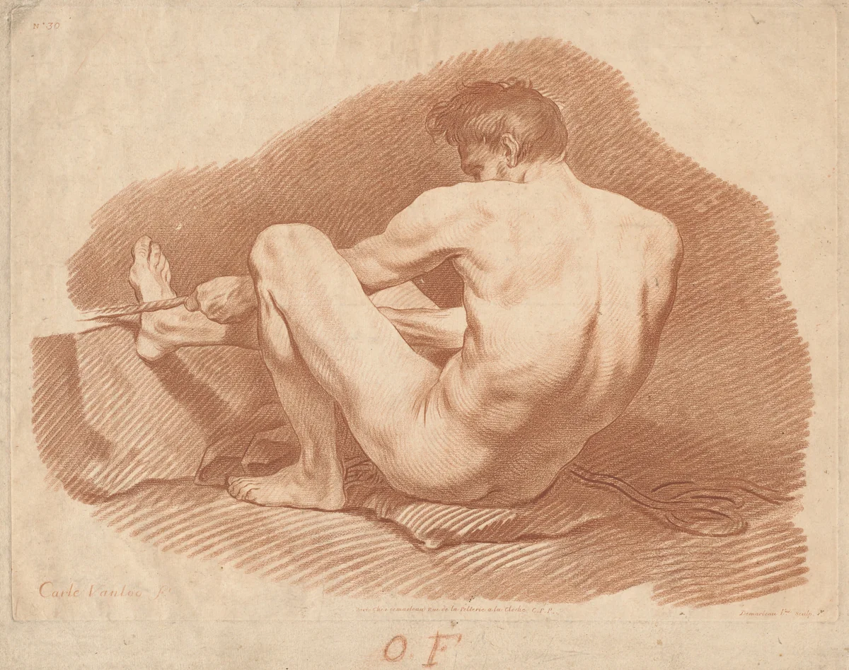Seated Nude Man, Seen from Behind, Pulling a Rope by Gilles Demarteau the Elder, print, 1722-1776