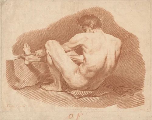 Seated Nude Man, Seen from Behind, Pulling a Rope by Gilles Demarteau the Elder, print, 1722-1776