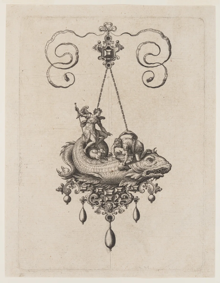 Designs for Pendants with Sea Monsters by Adriaen Collaert, print, 1582