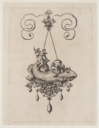 Designs for Pendants with Sea Monsters by Adriaen Collaert, print, 1582