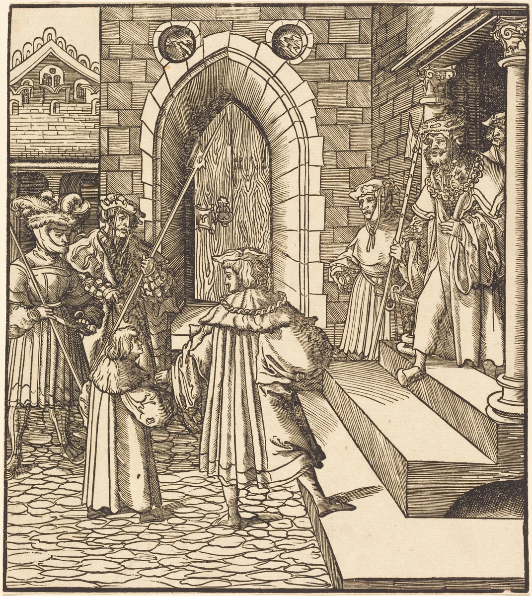 Three Men and a Boy in the Court of a Castle, to the Right Three Men on a Staircase by Leonhard Beck, print, 1514-1516