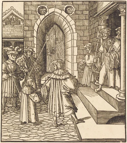 Three Men and a Boy in the Court of a Castle, to the Right Three Men on a Staircase by Leonhard Beck, print, 1514-1516