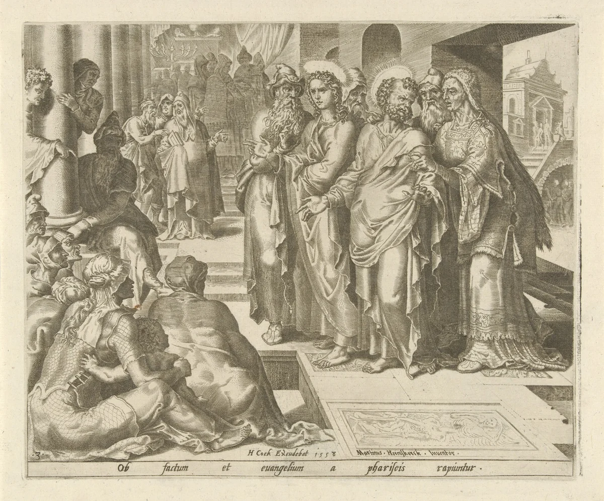 Petrus en Johannes worden gevangen genomen by Philips Galle, print, 1558
