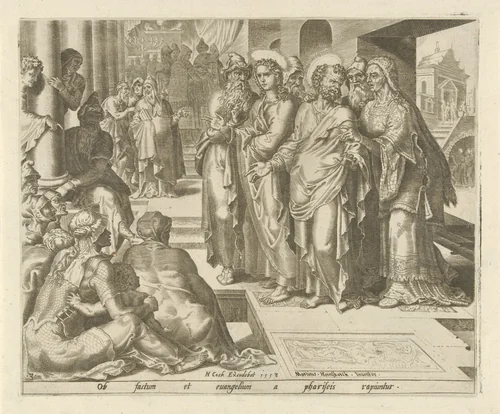Petrus en Johannes worden gevangen genomen by Philips Galle, print, 1558