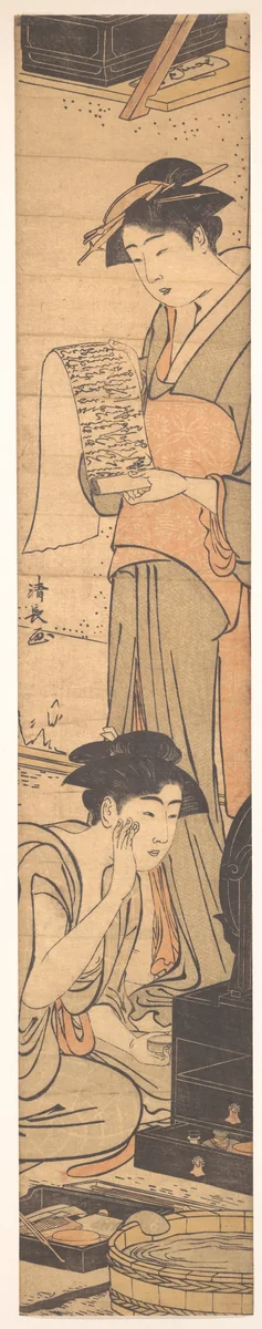 A Lady Reading a Letter; AnotHer Making Her Toilet Before a Mirror by Torii Kiyonaga (鳥居清長), print, 1742-1815