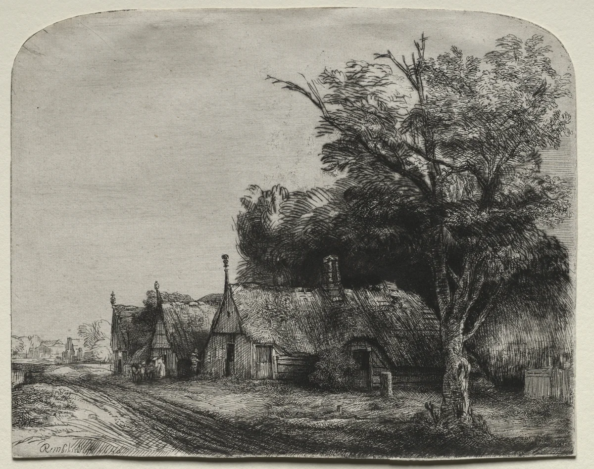 Landscape with Three Gabled Cottages beside a Road by Rembrandt van Rijn, print, 1650