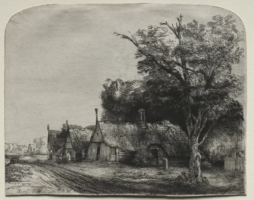 Landscape with Three Gabled Cottages beside a Road by Rembrandt van Rijn, print, 1650