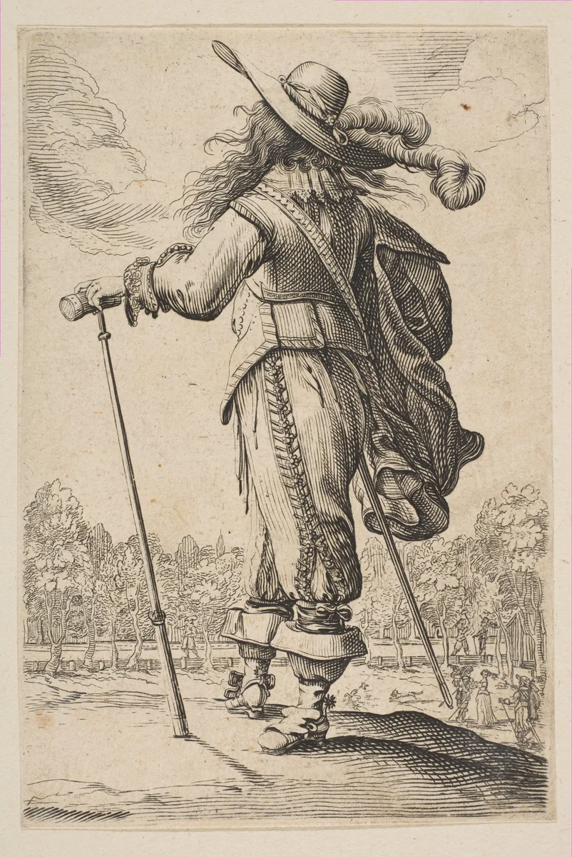 A Man Seen from the Back Leaning on a Cane or Mallet by anonymous, print, 1629