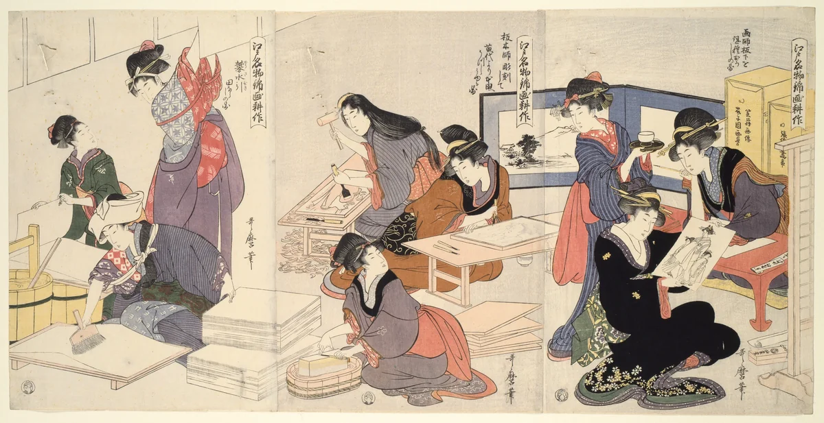 Artist, Block Carver, Applying Sizing (Eshi, hangashi, dosa-biki), from the series The Cultivation of Brocade Prints, a Famous Product of Edo (Edo meibutsu nishiki-e kosaku) by Kitagawa Utamaro (喜多川歌麿), print, 1798-1808