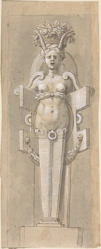 Female Term encased by a Strapwork Panel by anonymous, drawing, 1540-1550