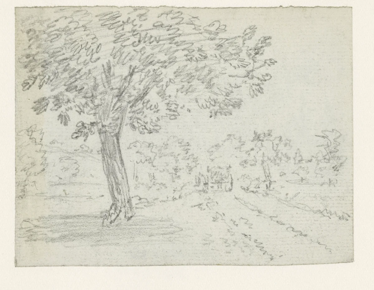 Grote boom bij een landweg by Georges Michel, drawing, 1773-1843