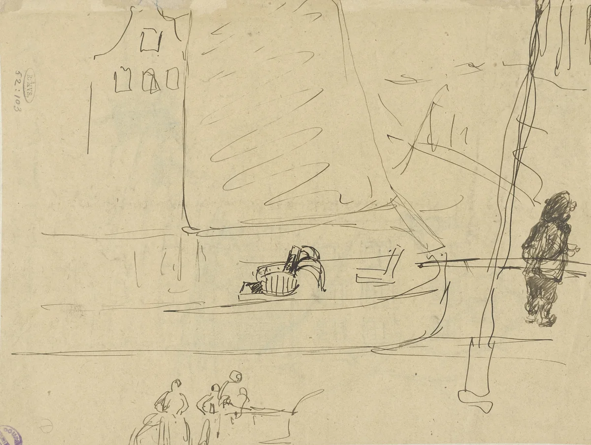 Schetsen te Amsterdam (?), enkele figuren, een grachtenhuis en een schuit by Angèle Delasalle, drawing, 1877-1938