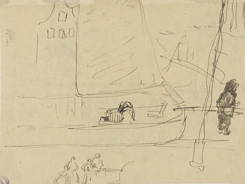Schetsen te Amsterdam (?), enkele figuren, een grachtenhuis en een schuit by Angèle Delasalle, drawing, 1877-1938