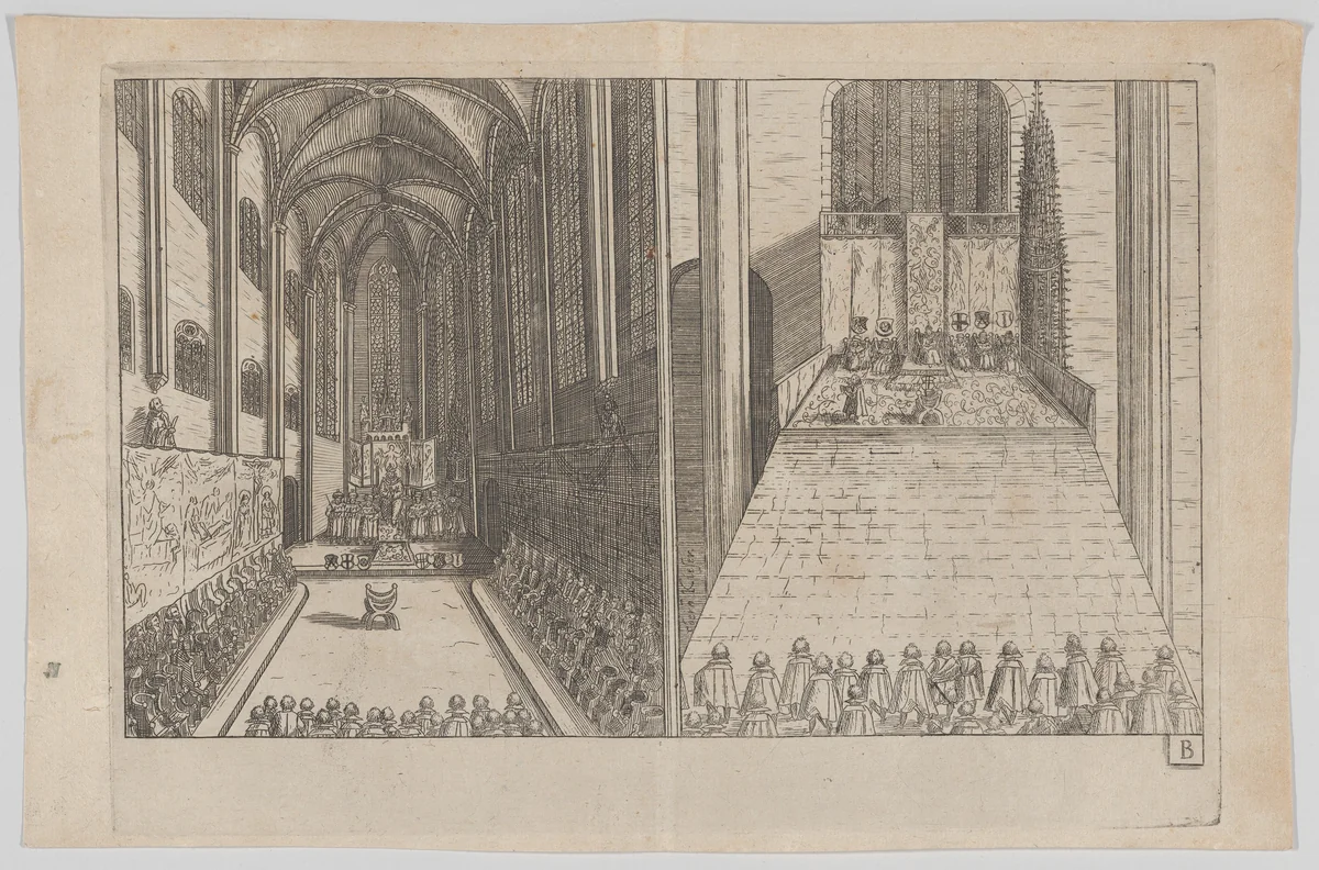 Plate B: Election and Coronation of Emperor Maximilian II by anonymous, print, 1612
