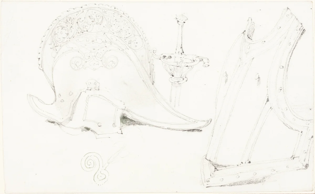 Study of a Helmet, Breastplate, and Rapier by Joseph Nash, drawing, 1808-1878