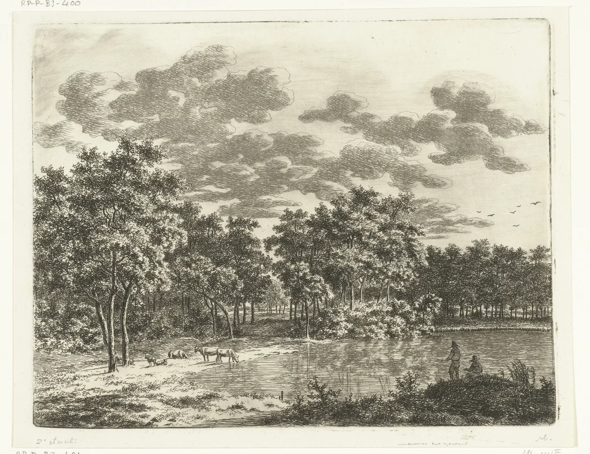 Landschap met vijver en twee hengelende vissers by Ernst Willem Jan Bagelaar, print, 1798-1818