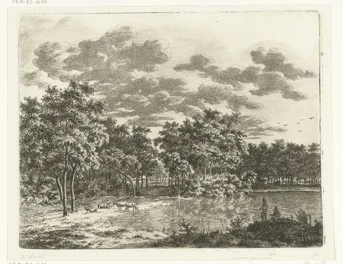 Landschap met vijver en twee hengelende vissers by Ernst Willem Jan Bagelaar, print, 1798-1818