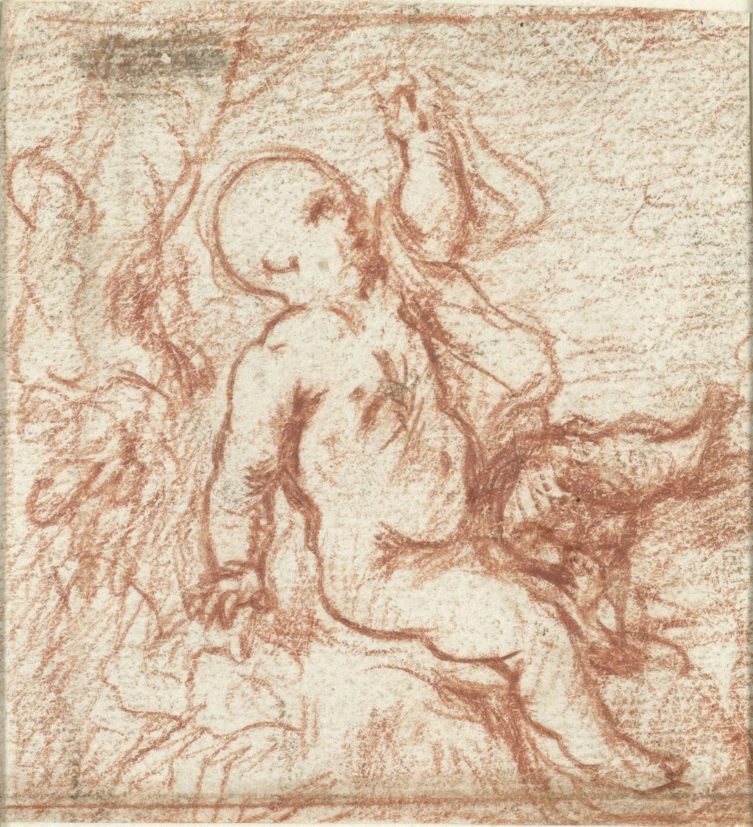 Putto in landschap by anonymous, drawing, 1700-1800