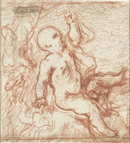 Putto in landschap by anonymous, drawing, 1700-1800
