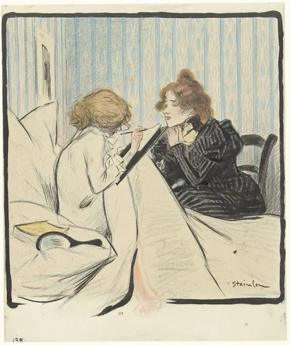 Twee vrouwen in een slaapvertrek by Théophile Alexandre Steinlen, drawing, 1892-1897