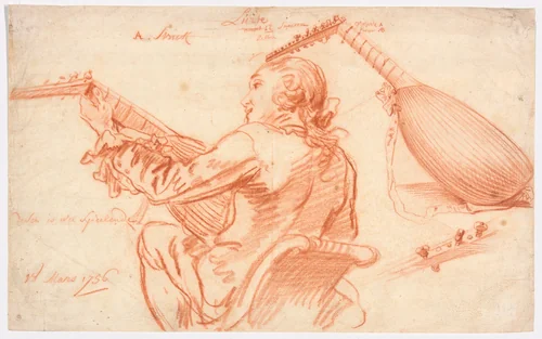 Sketches of a Lute Player and Lute by Jan Anton Garemyn, drawing, 1756