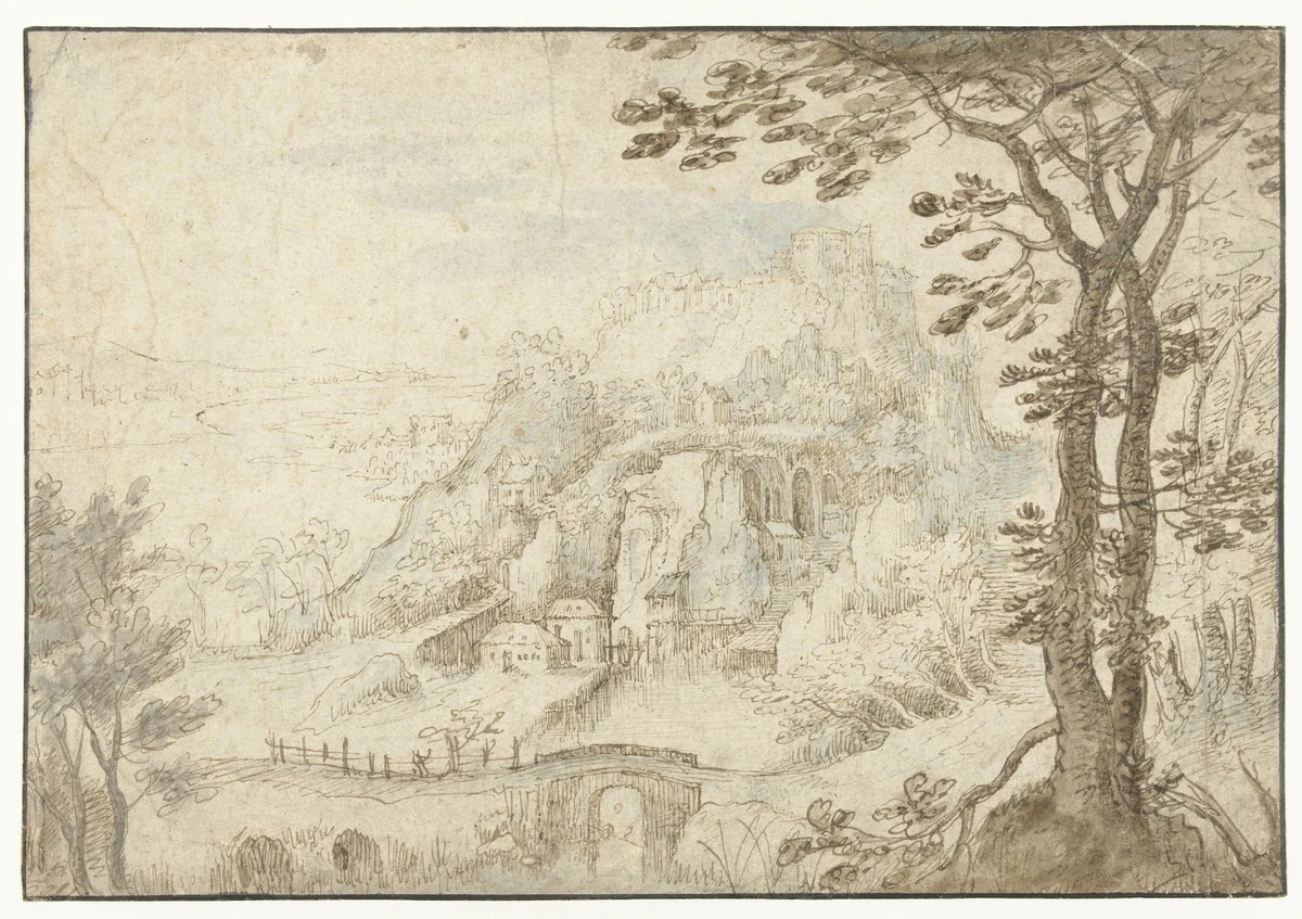 Berglandschap met een rivier by Gilles van Coninxloo, drawing, 1554-1607