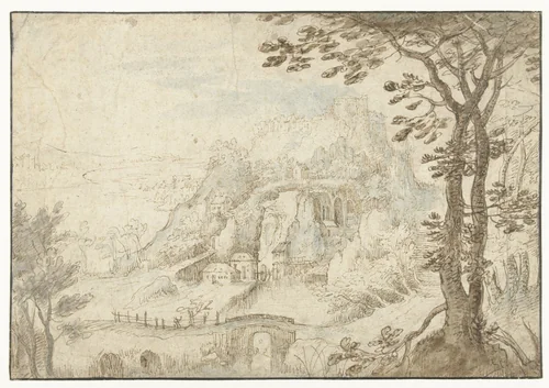 Berglandschap met een rivier by Gilles van Coninxloo, drawing, 1554-1607