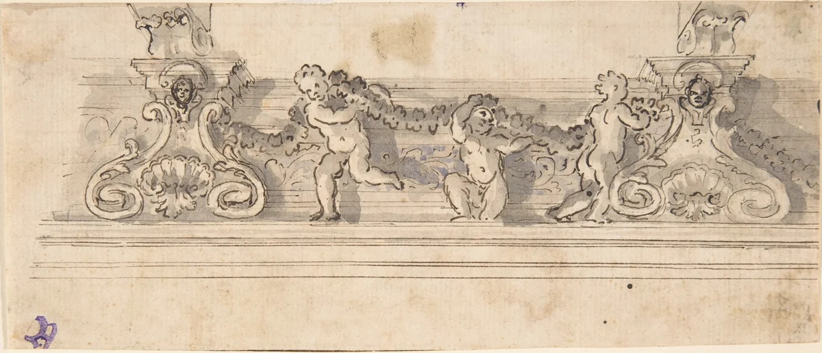 Design for the Decoration of a Cornice with Putti holding a Garland (recto); Red Chalk Sketches (verso) by anonymous, drawing, 1600-1699
