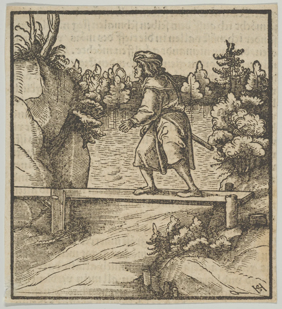 A Man Crossing a Small Bridge, from Hymmelwagen auff dem, wer wol lebt... by Hans Schäufelein, print, 1517