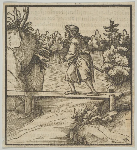 A Man Crossing a Small Bridge, from Hymmelwagen auff dem, wer wol lebt... by Hans Schäufelein, print, 1517