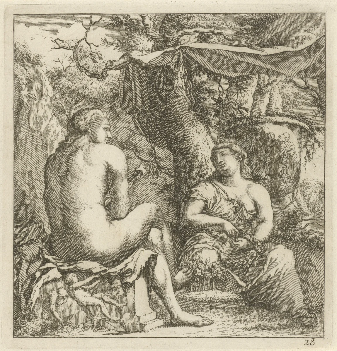 Twee figuren in een klassiek landschap by anonymous, print, 1700-1750