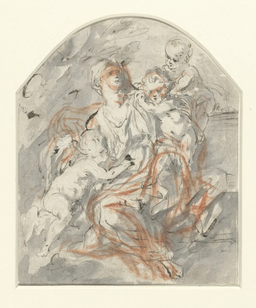 Vrouw (Caritas?) met drie kinderen by anonymous, drawing, 1700-1800