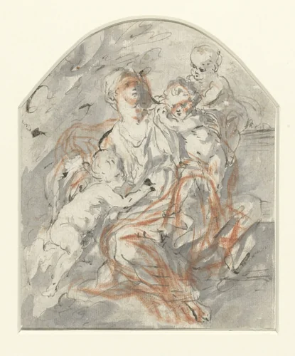 Vrouw (Caritas?) met drie kinderen by anonymous, drawing, 1700-1800