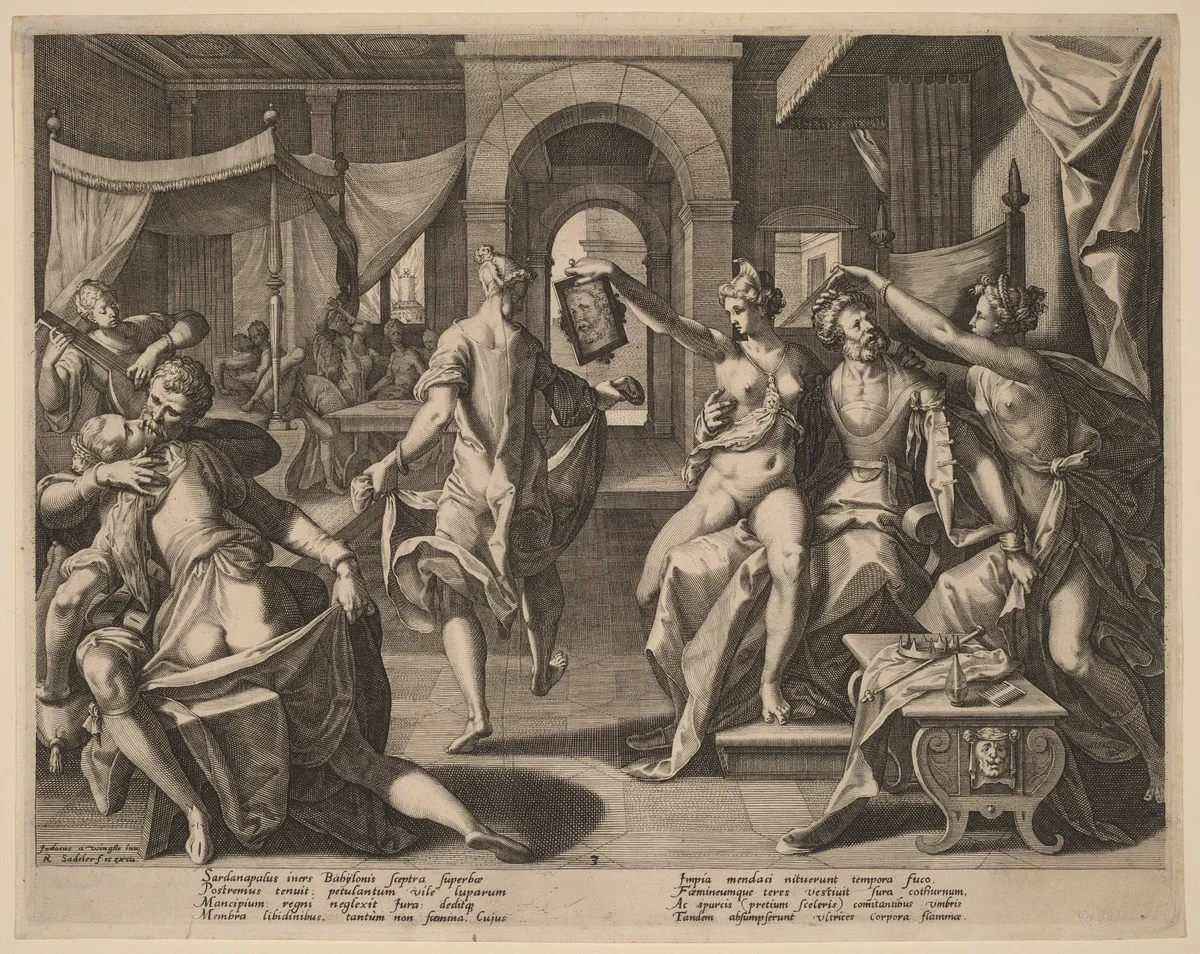 Sardanapalus among the Concubines by Raphael Sadeler I, print, 1589