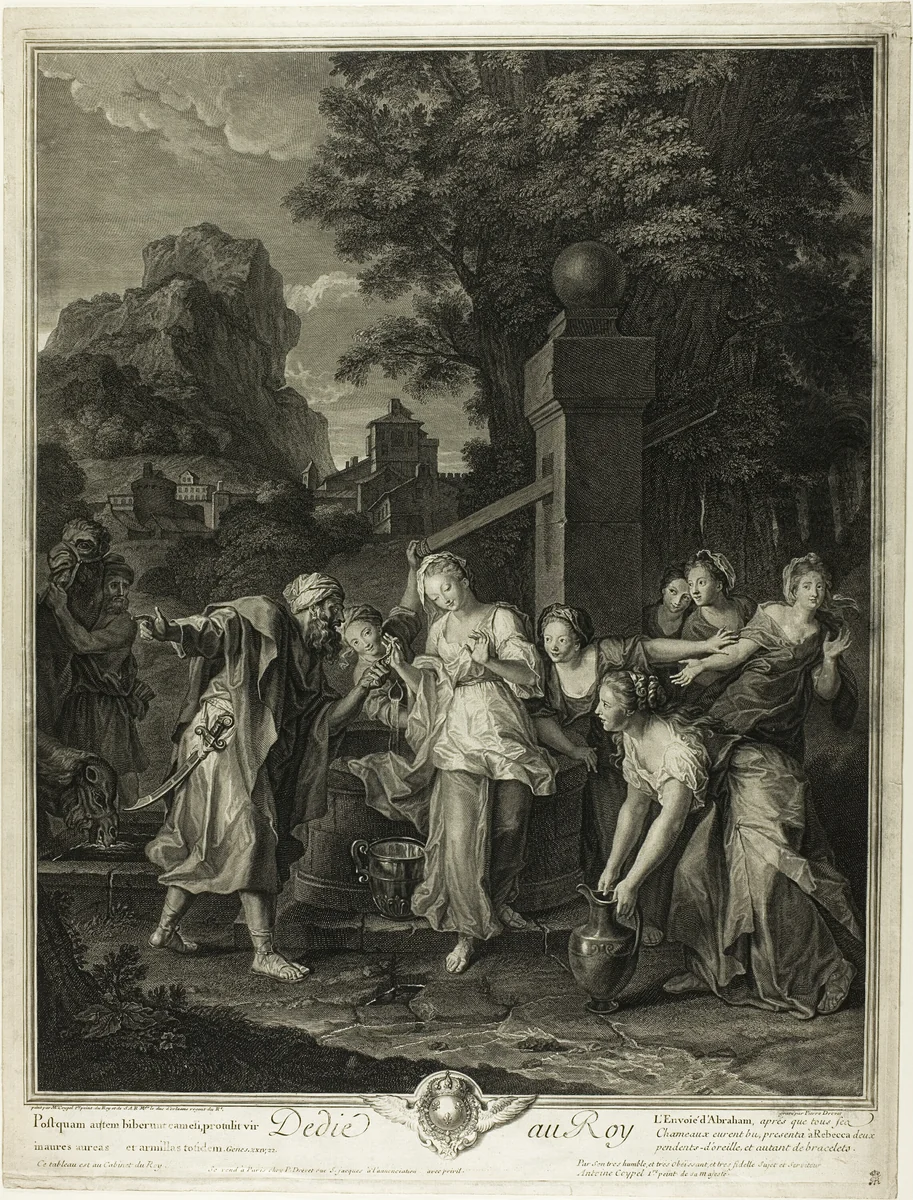 Rebecca Receiving Gifts from Eliezar by Pierre-Imbert Drevet, print, 1717-1739
