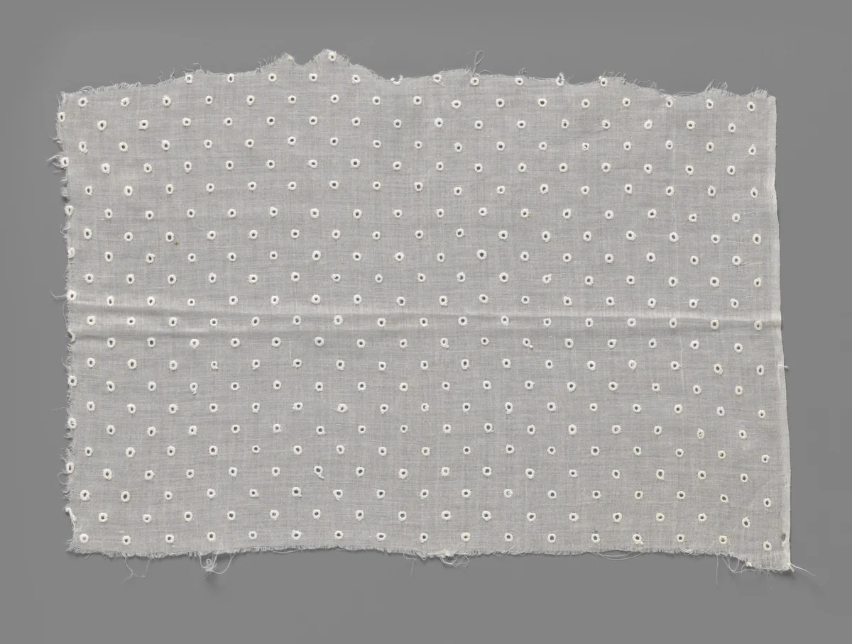 Strook of metrage van linnen of katoen met opengewerkte cirkeltjes van kantborduurwerk by anonymous, other, 1825-1835