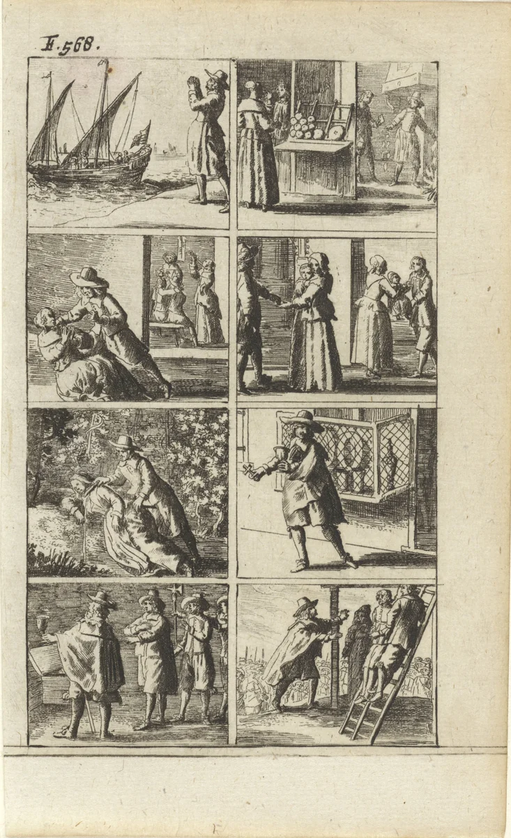 Verhaal met voorstellingen van moord en doodstraf (F. 568.) by Abraham Dircksz. Santvoort, print, 1667