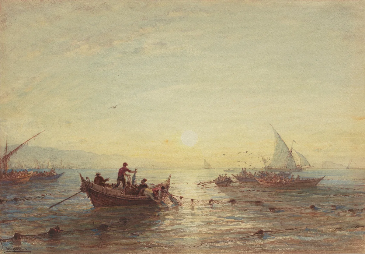 Tuna Fishing at Sunrise off the Coast near Marseilles by Félix Ziem, drawing, 1860-1869