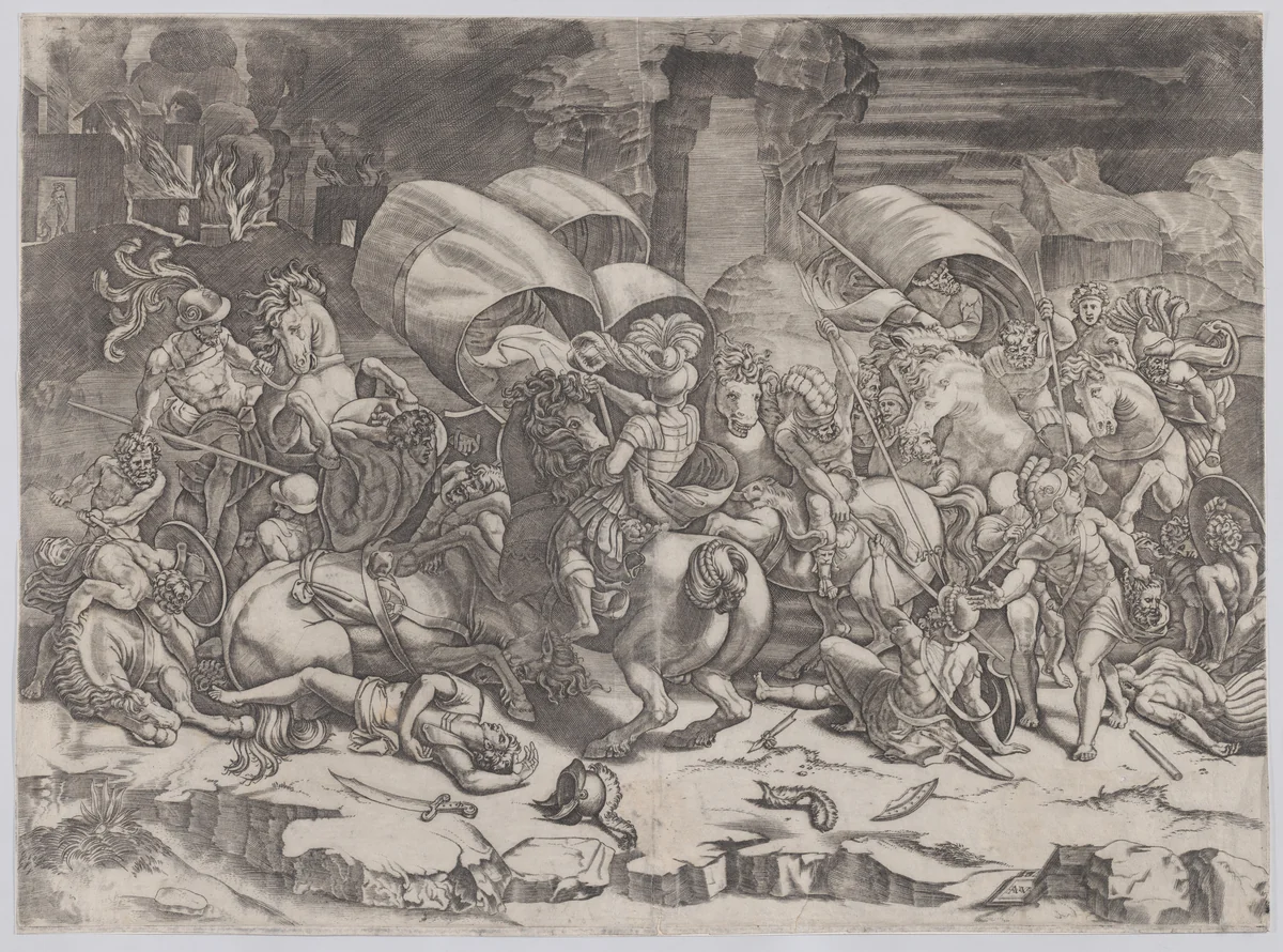 Battle with a Cutlass by Agostino Veneziano, print, 1530-1531