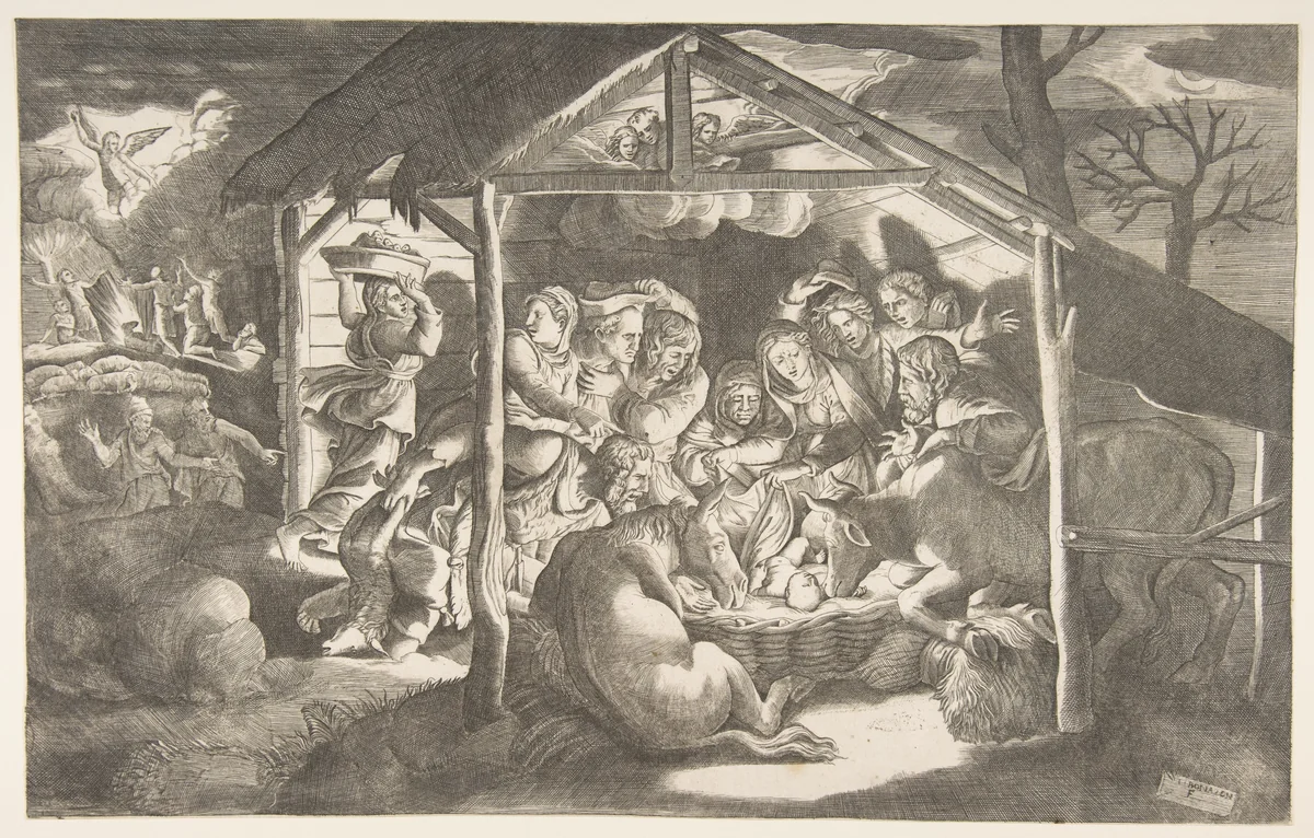 The adoration of the shepherds, various figures at night surround the Christ Child by Giulio Bonasone, print, 1520-1600