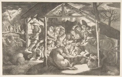 The adoration of the shepherds, various figures at night surround the Christ Child by Giulio Bonasone, print, 1520-1600