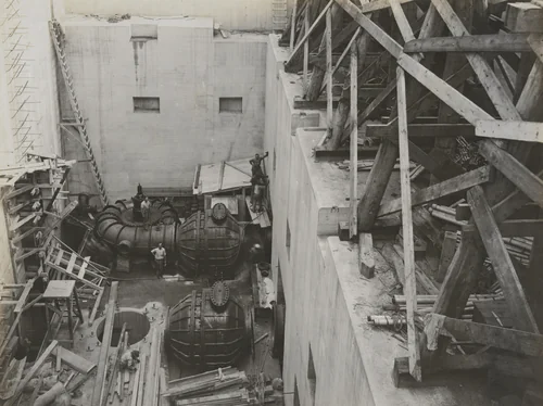 Balboa Terminals, Dry Dock #1. Pumping plant erecting centrifugal pumps and check valves. Looking East by Unidentified Photographer, photograph, 1916