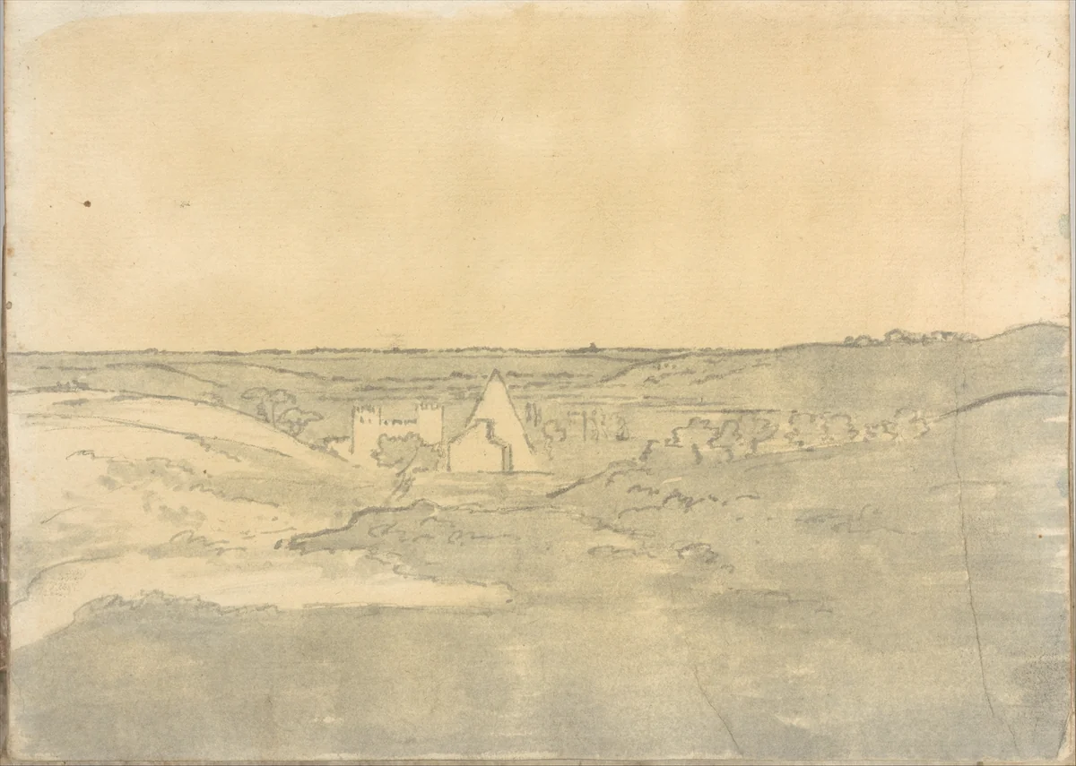 Landscape with Pyramid of Gaius Cestius, at Rome (Smaller Italian sketchbook, leaf 25 recto) by Joseph Wright, drawing, 1774-1775