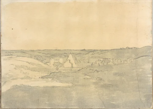 Landscape with Pyramid of Gaius Cestius, at Rome (Smaller Italian sketchbook, leaf 25 recto) by Joseph Wright, drawing, 1774-1775