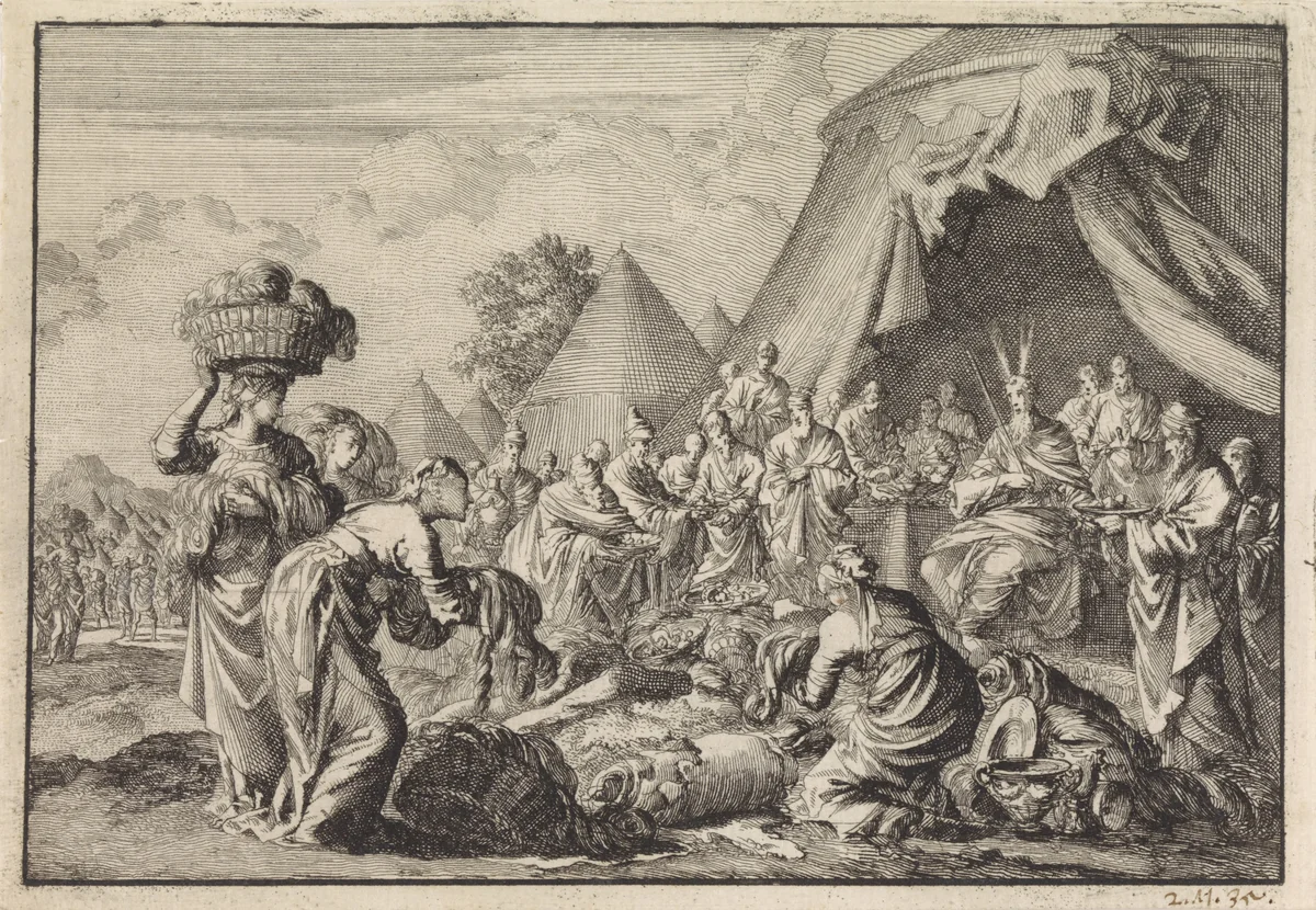 Israëlieten brengen hun kostbaarheden voor de bouw van het tabernakel by Jan Luyken, print, 1703