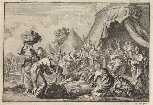 Israëlieten brengen hun kostbaarheden voor de bouw van het tabernakel by Jan Luyken, print, 1703